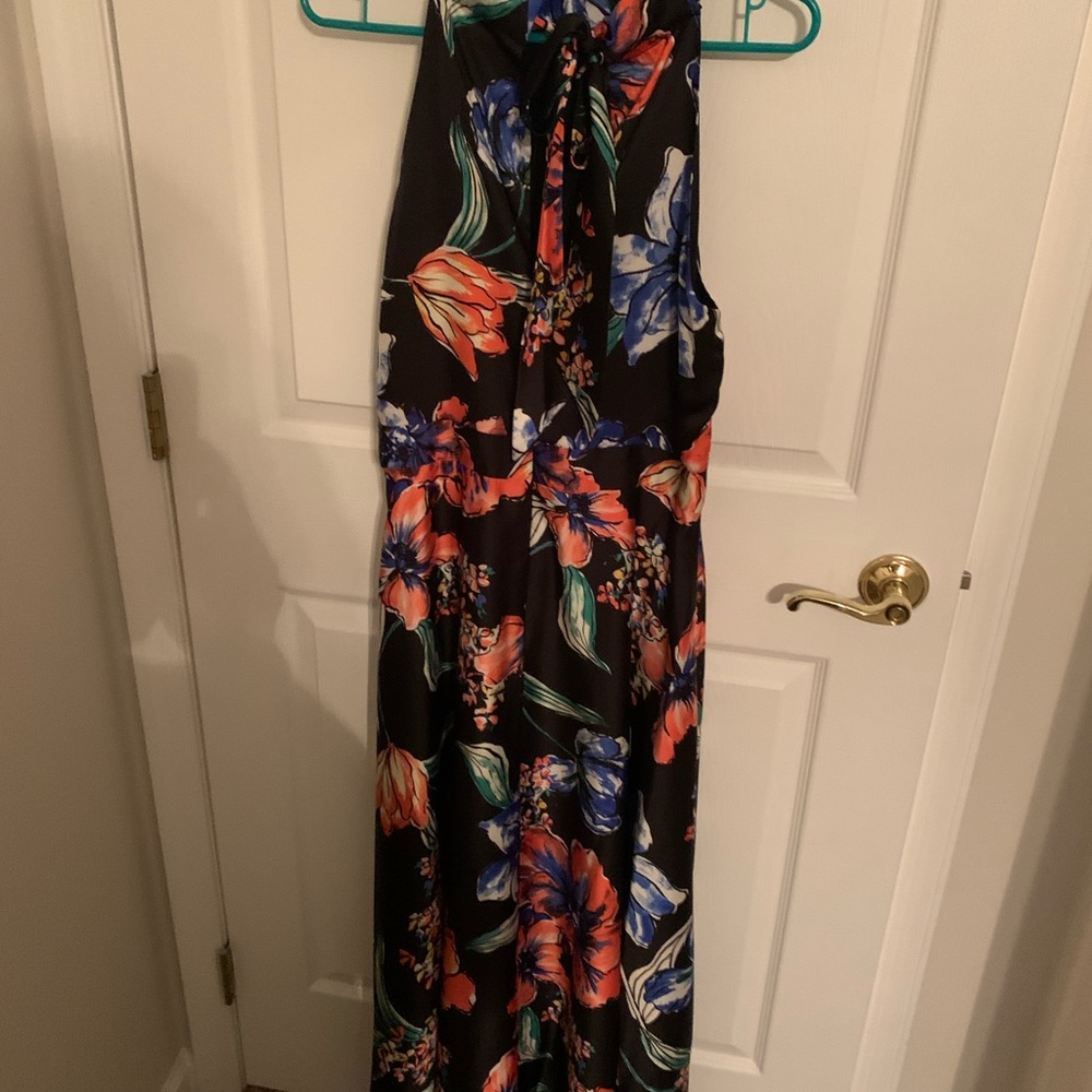 Tahari Painted Blooms Satin Maxi Dress- black/multicolored